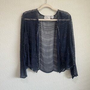 VTG Scala 100% Silk Beaded Sheer Elegant Cardigan Wedding Event Navy Blue Party